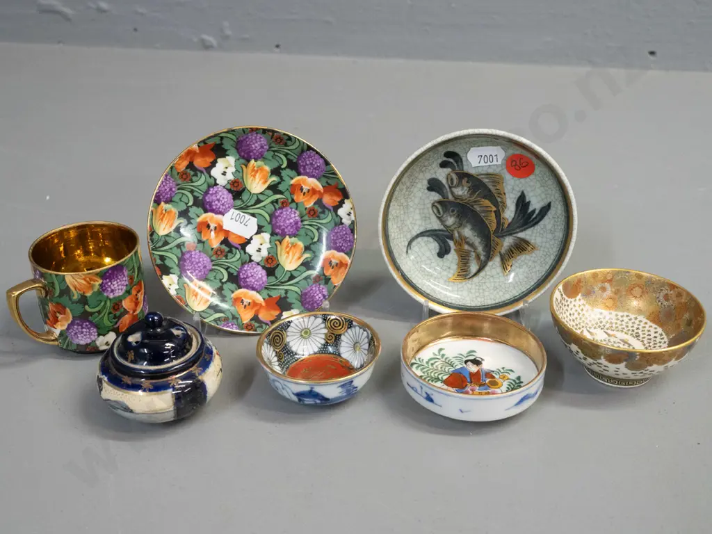6 vintage miniature china items - Royal Copenhagen gilt fish design, 4 satsuma style and a floral coffee can & saucer Image 1++