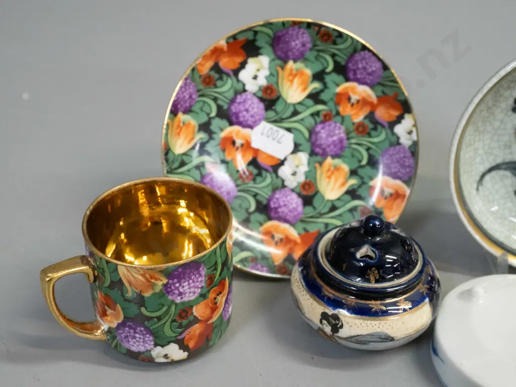 6 vintage miniature china items - Royal Copenhagen gilt fish design, 4 satsuma style and a floral coffee can & saucer Image 1++