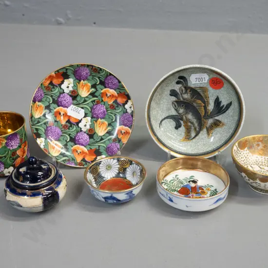 6 vintage miniature china items - Royal Copenhagen gilt fish design, 4 satsuma style and a floral coffee can & saucer