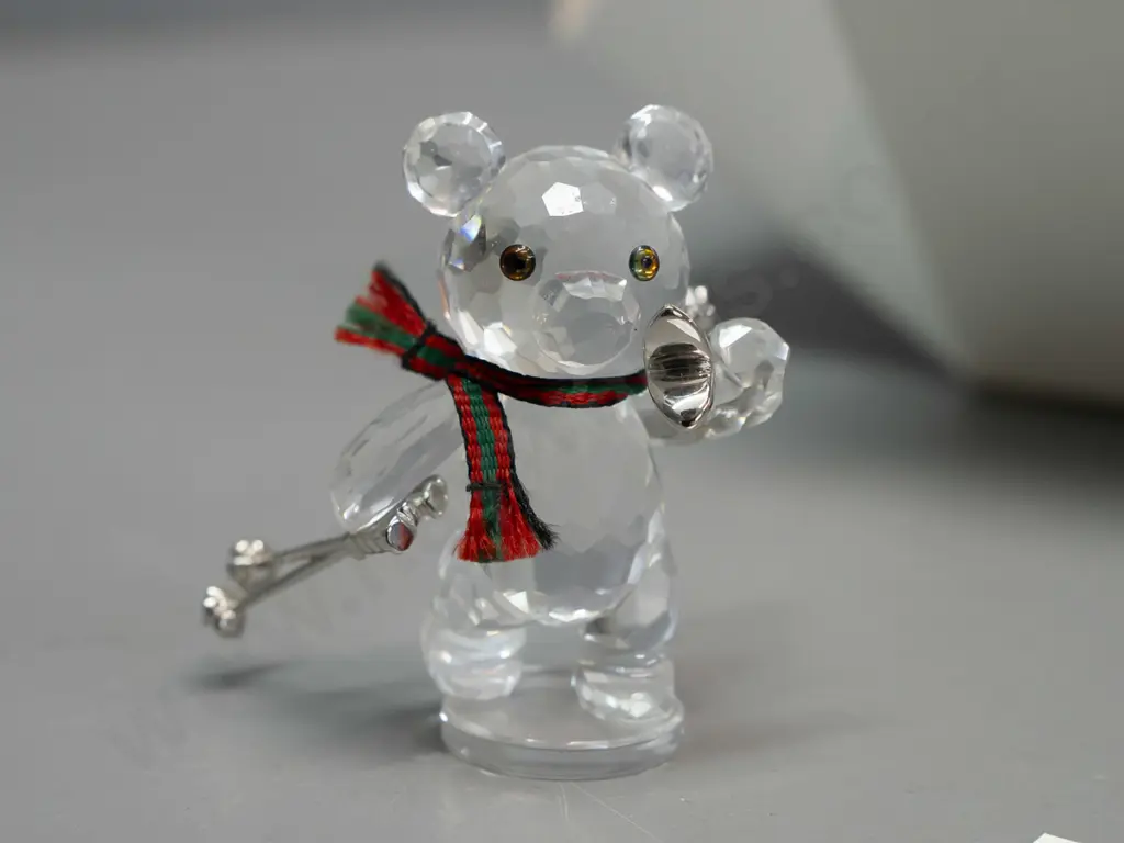 Swarovski crystal cased Teddy bear with skis, ski poles, and striped scarf, in original box. H-45 Image 1++