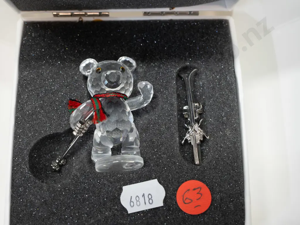 Swarovski crystal cased Teddy bear with skis, ski poles, and striped scarf, in original box. H-45 Image 1++