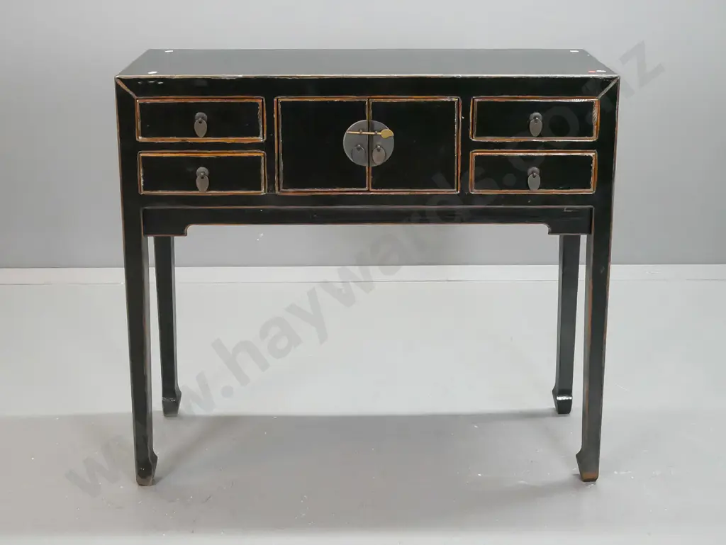 Chinese mixed timbers side table with small 2 door cupboard and 4 drawers, square tapered legs on shaped feet, in faux Image 1++
