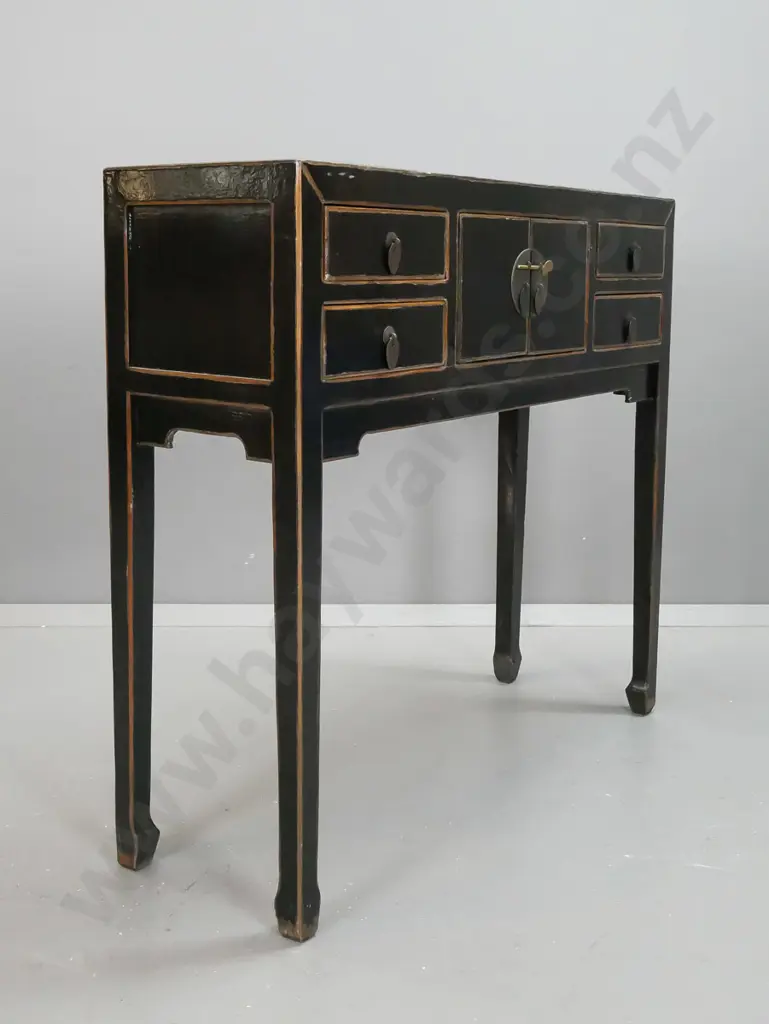 Chinese mixed timbers side table with small 2 door cupboard and 4 drawers, square tapered legs on shaped feet, in faux Image 1++