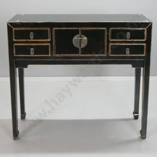 Chinese mixed timbers side table with small 2 door cupboard and 4 drawers, square tapered legs on shaped feet, in faux