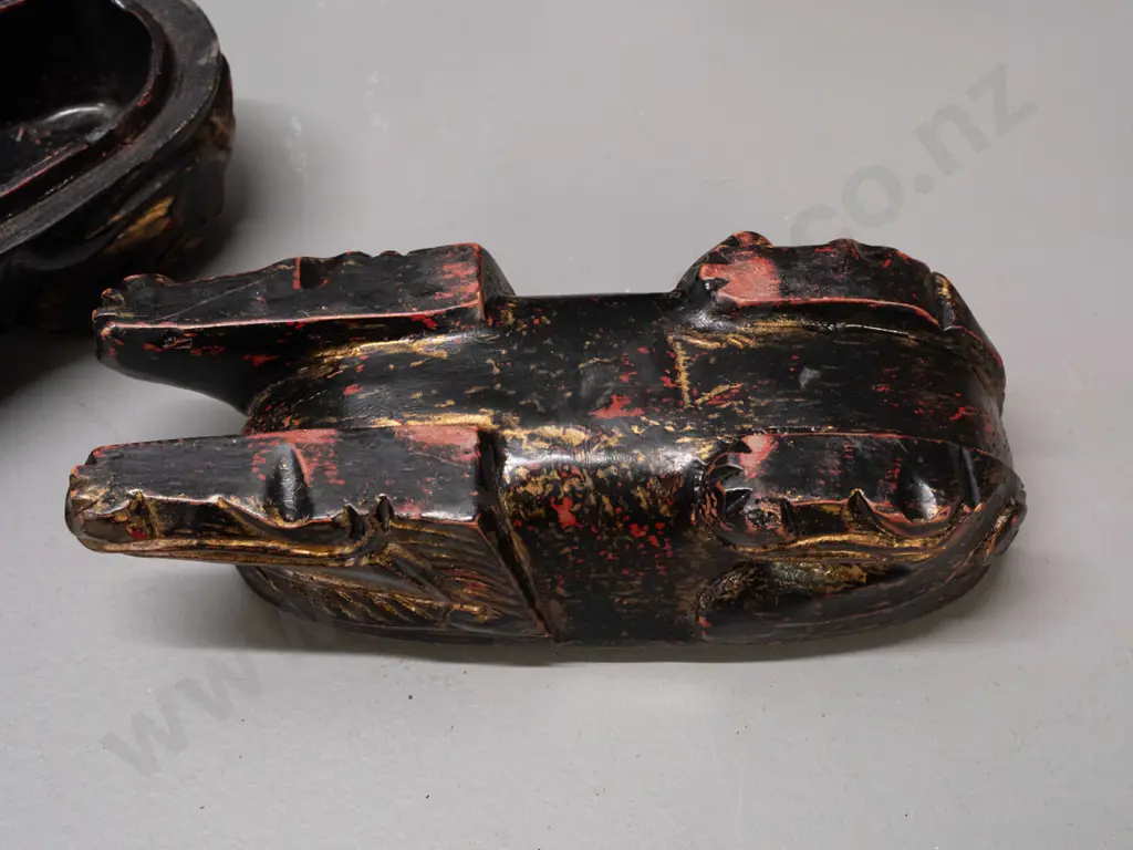 2 Chinese carved wood figural temple lion vessels with lift off tops, some chips and wear to paint over laquer finish Image 1++