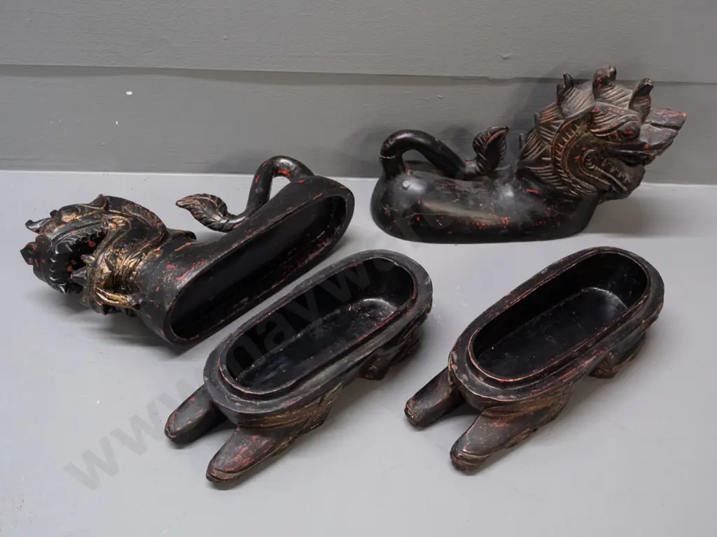 2 Chinese carved wood figural temple lion vessels with lift off tops, some chips and wear to paint over laquer finish Image 1++