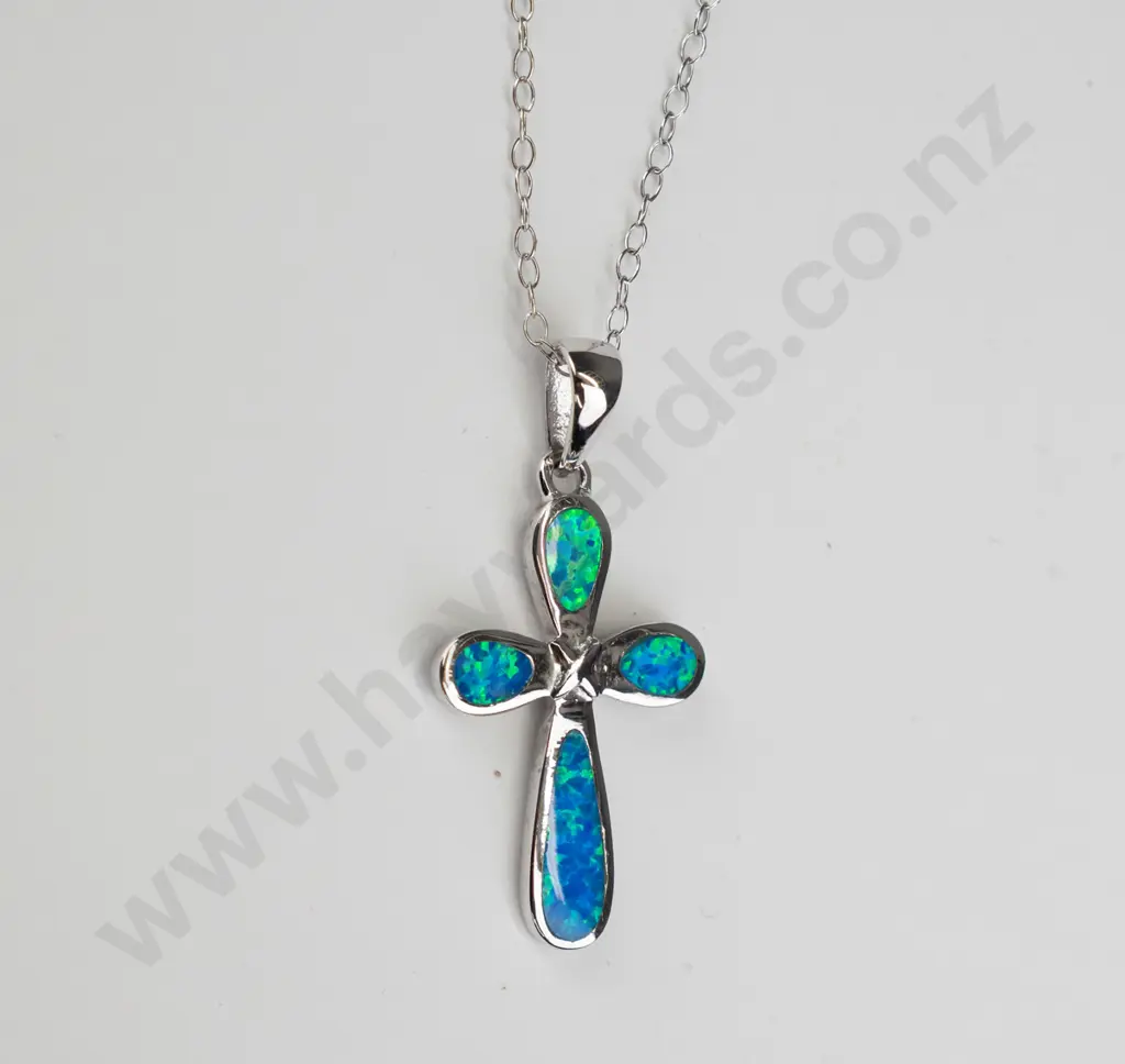 silver opal cross necklace stamped 925- 3g Image 1++