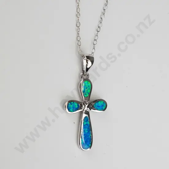 silver opal cross necklace stamped 925- 3g