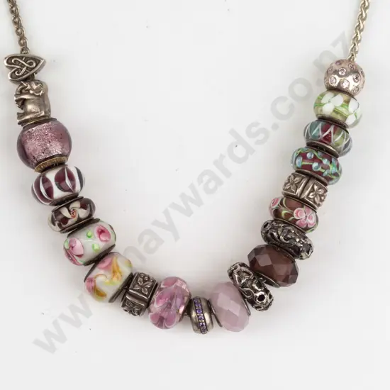 silver necklace with Pandora charms stamped 925