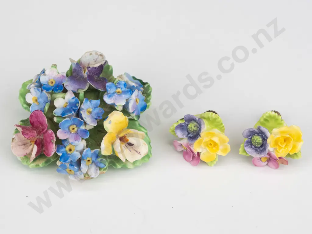 Staffordshire floral porcelain brooch & pair of Dresden floral porcelain earrings [screw on] Image 1++