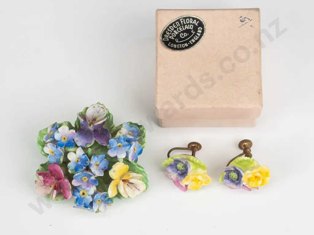 Staffordshire floral porcelain brooch & pair of Dresden floral porcelain earrings [screw on] Image 1++