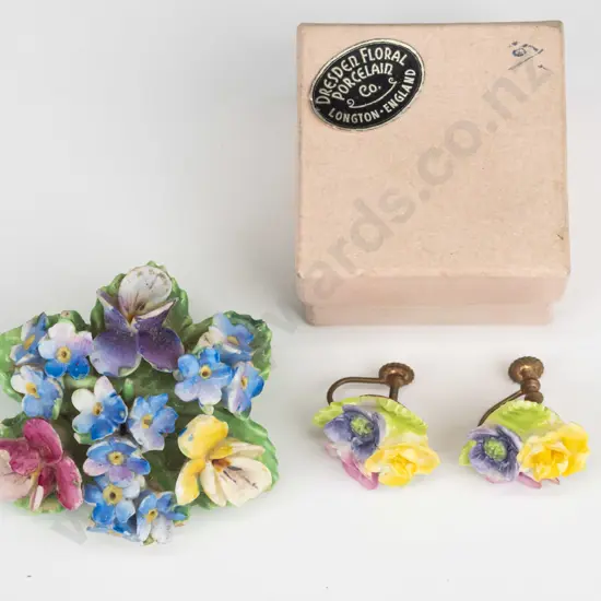 Staffordshire floral porcelain brooch & pair of Dresden floral porcelain earrings [screw on]