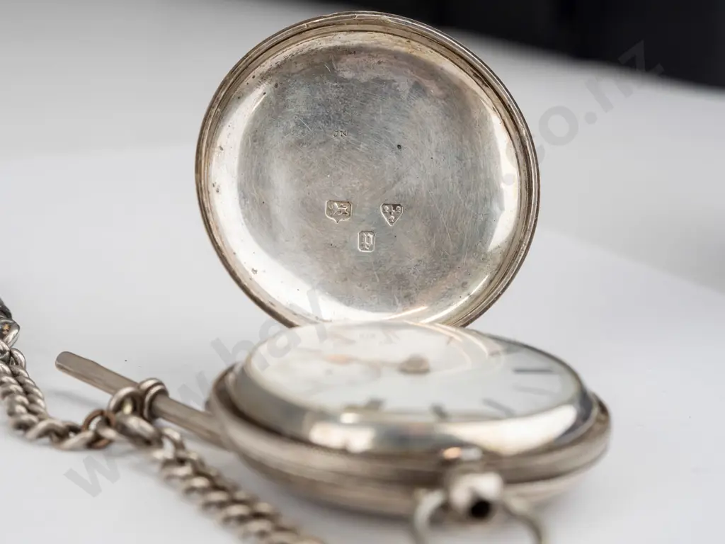 silver pocket watch & chain stamped - anchor, lion, P Image 1++