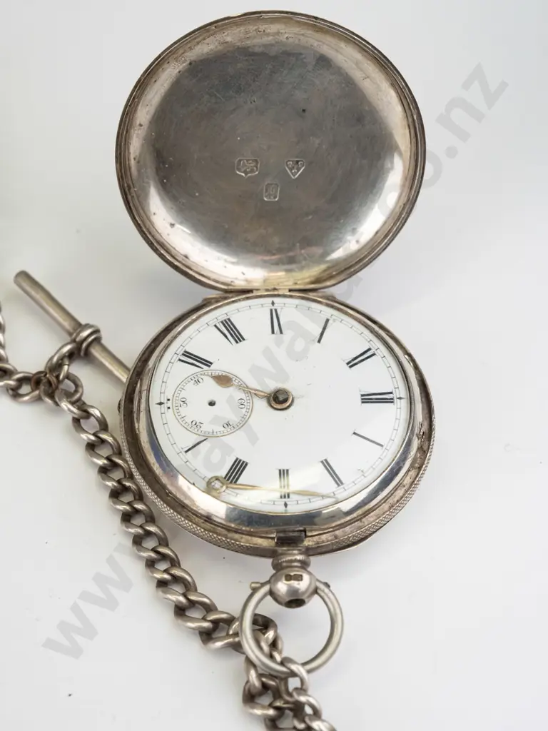 silver pocket watch & chain stamped - anchor, lion, P Image 1++