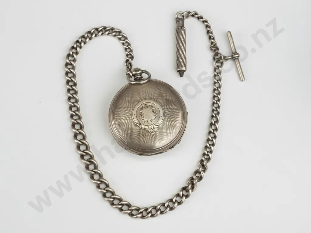 silver pocket watch & chain stamped - anchor, lion, P Image 1++