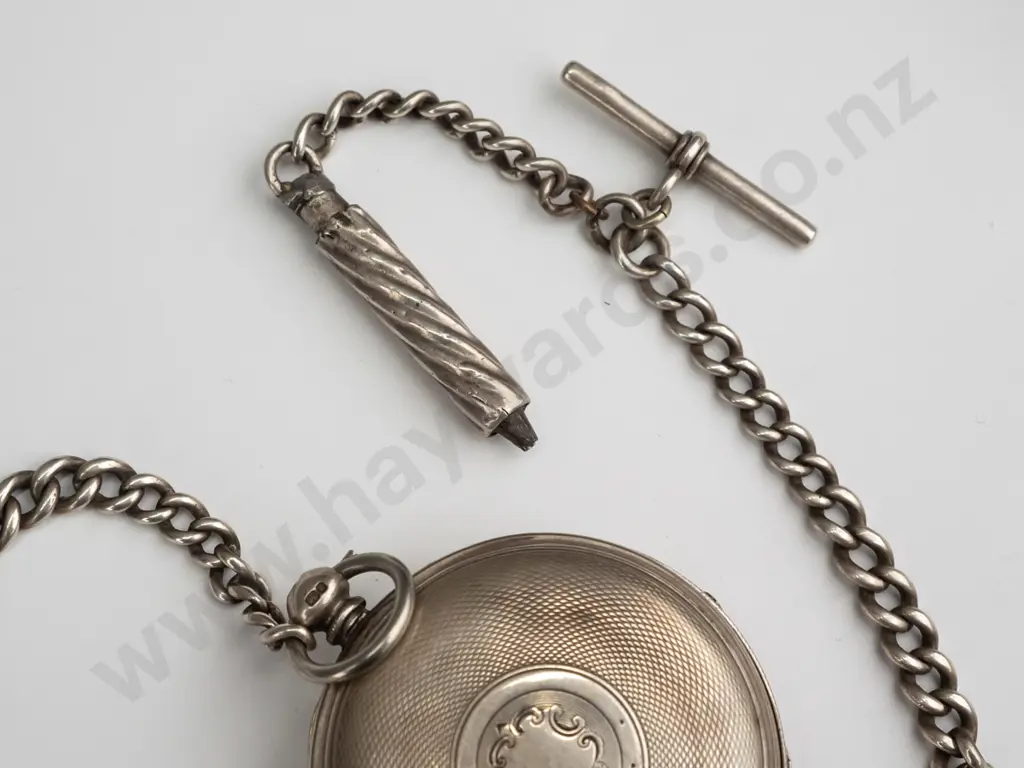 silver pocket watch & chain stamped - anchor, lion, P Image 1++