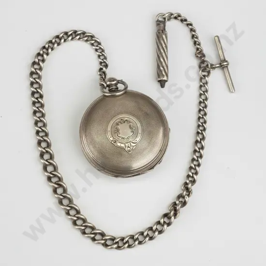 silver pocket watch & chain stamped - anchor, lion, P