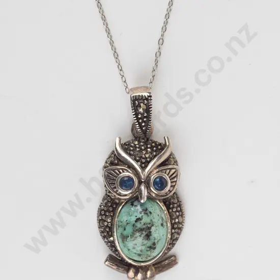 marcasite & blue stone owl necklace stamped 925 - 3gms