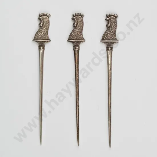 3 silver hat pins stamped crown, lion, I - J D & S