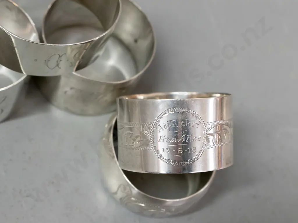 6 assorted vintage napkin rings - all stamped sterling silver, one with 1918 inscription (133gm) Image 1++