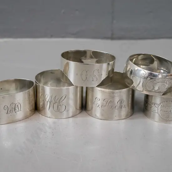 6 assorted vintage napkin rings - all stamped sterling silver, one with 1918 inscription (133gm)