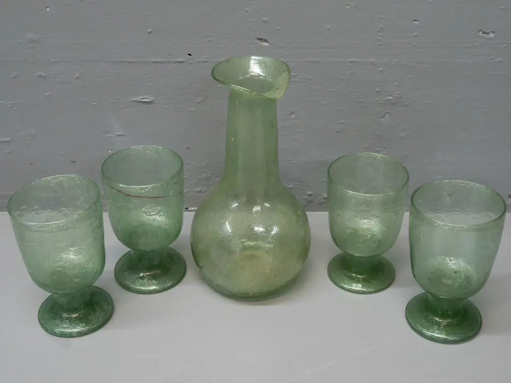 green hand-blown glass beaker H-200 and 4 goblets from Herat Afghanistan Image 1++