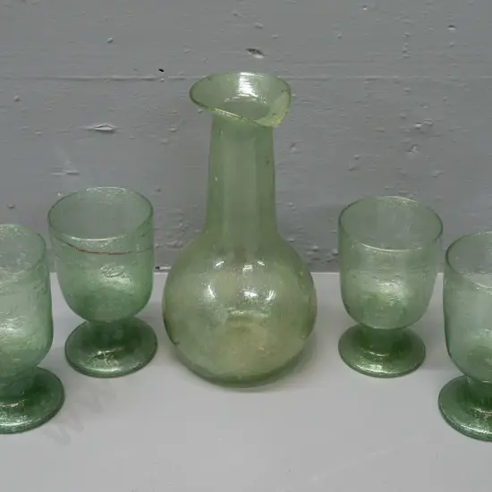 green hand-blown glass beaker H-200 and 4 goblets from Herat Afghanistan