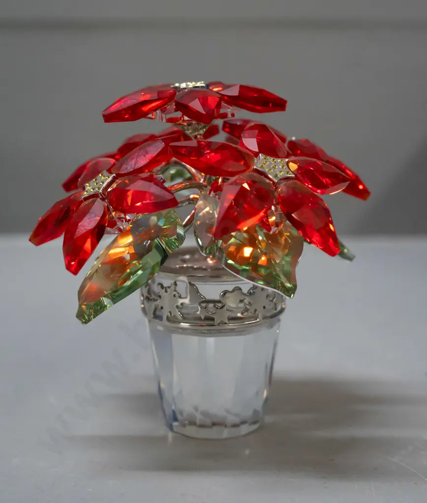 Swarovski crystal Christmas poinsiettia with silver plated band, green and red leaves and flowers H-95 D-80 Image 1++