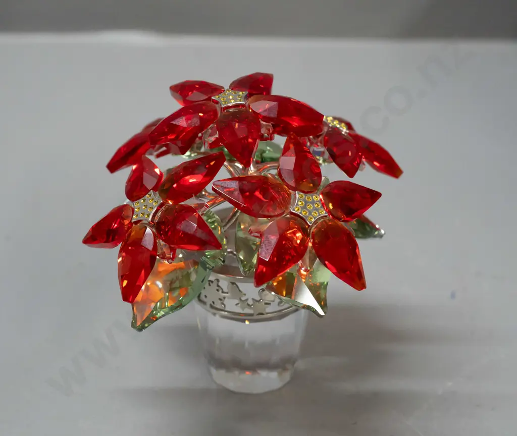 Swarovski crystal Christmas poinsiettia with silver plated band, green and red leaves and flowers H-95 D-80 Image 1++