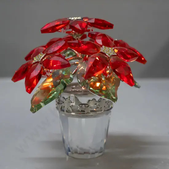 Swarovski crystal Christmas poinsiettia with silver plated band, green and red leaves and flowers H-95 D-80