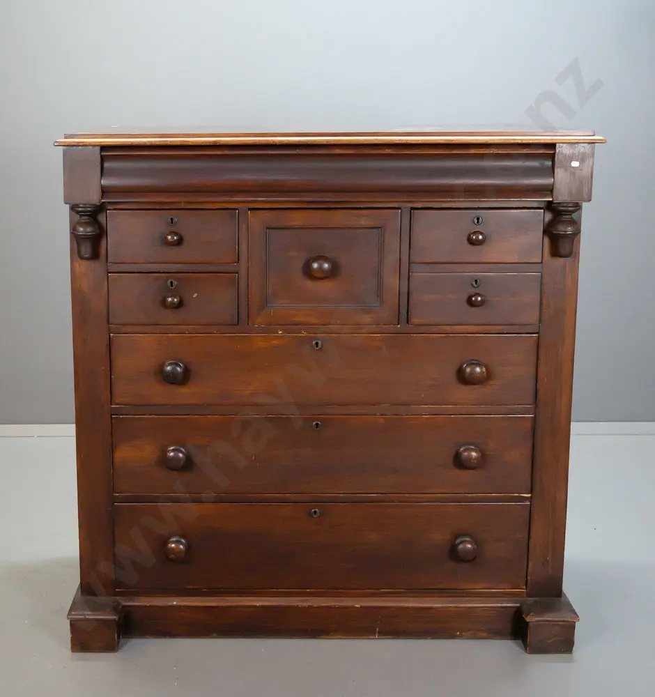 NZ colonial cedar & kauri 8-drawer Scotch chest with shaped top drawer, turned wooden knobs, circular brass escutcheons, Image 1++