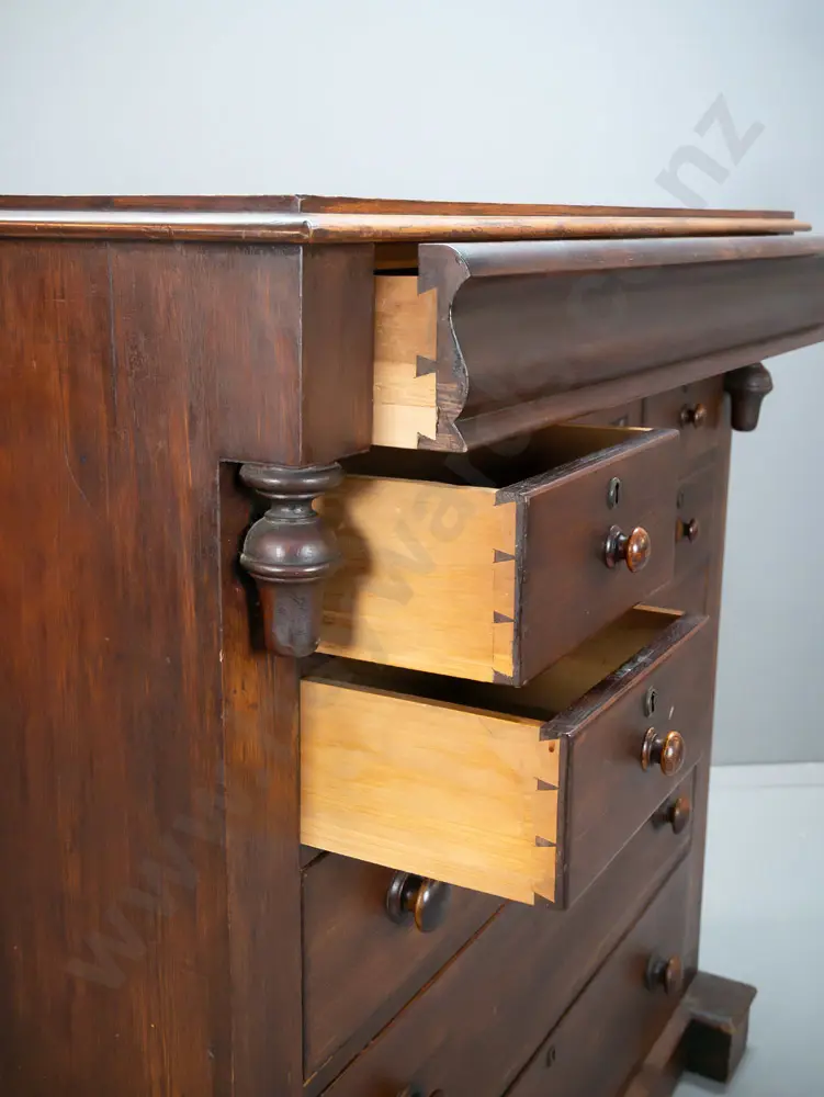 NZ colonial cedar & kauri 8-drawer Scotch chest with shaped top drawer, turned wooden knobs, circular brass escutcheons, Image 1++
