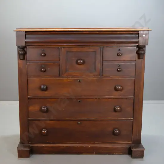 NZ colonial cedar & kauri 8-drawer Scotch chest with shaped top drawer, turned wooden knobs, circular brass escutcheons,
