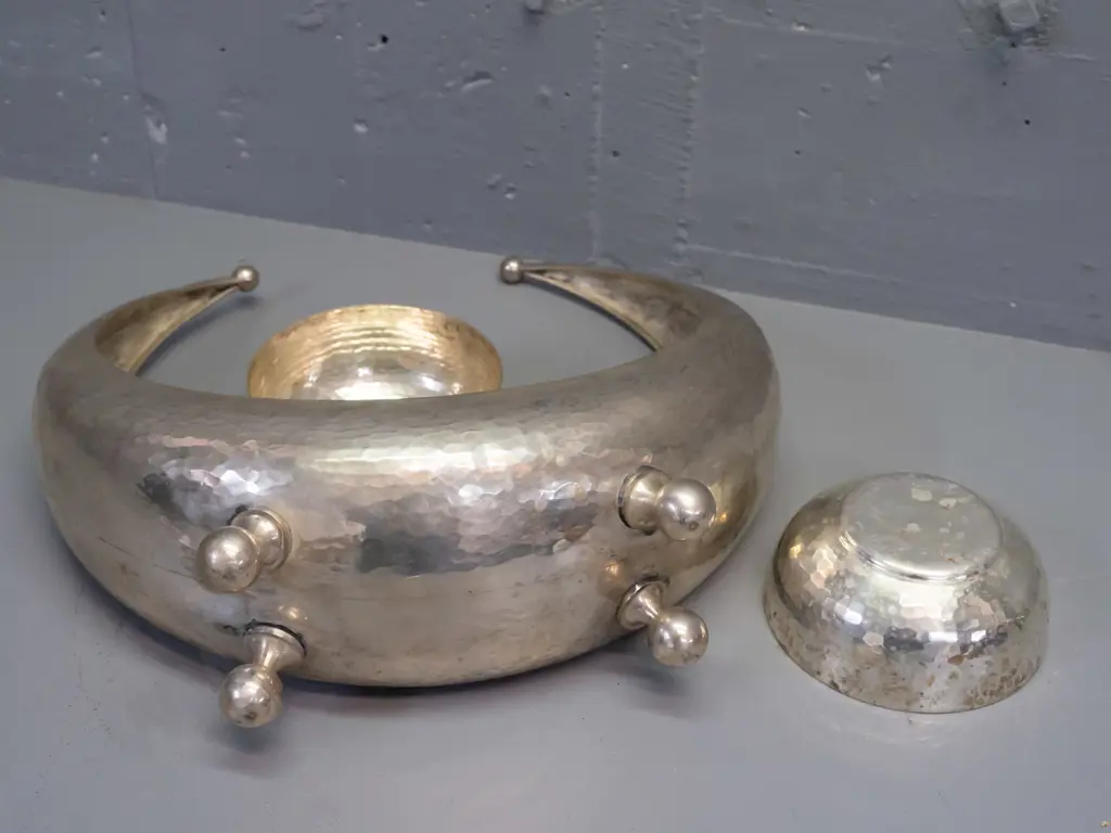 hand beaten silver plated crescent moon shaped grape bunch holder or vase on ball feet H-370 W-360 with 2 small dishes Image 1++