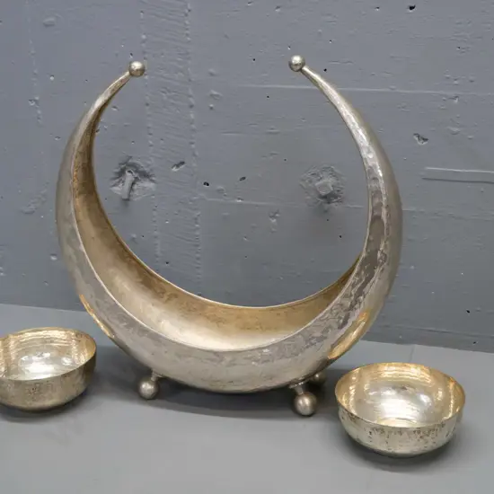hand beaten silver plated crescent moon shaped grape bunch holder or vase on ball feet H-370 W-360 with 2 small dishes