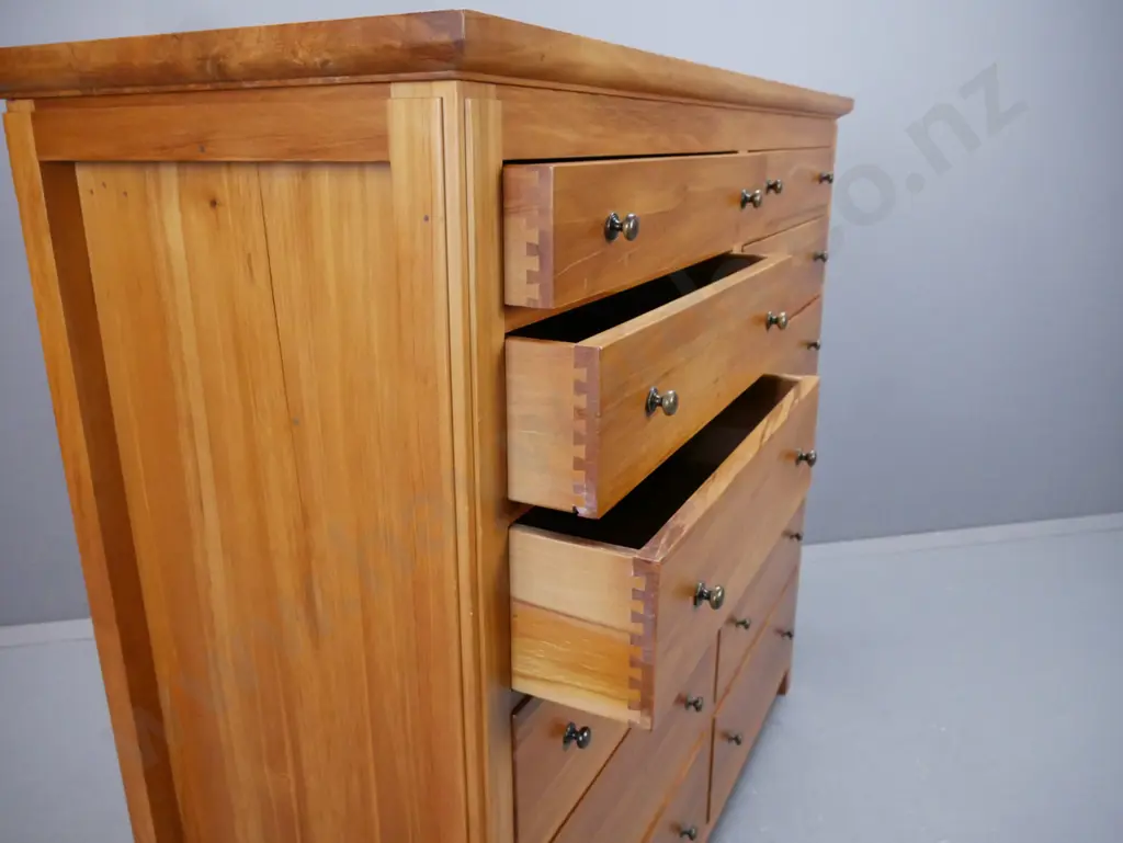 recycled rimu large chest of 12 drawers with panelled sides, brass knobs - some wear and scratching to top, chipping to Image 1++