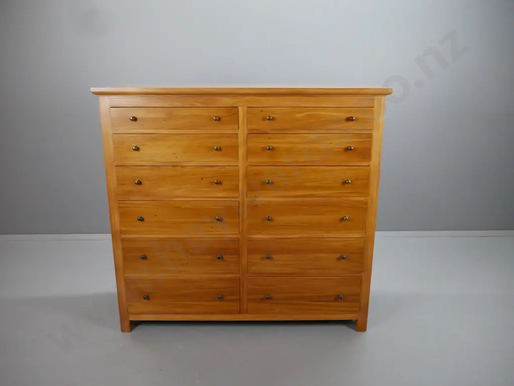 recycled rimu large chest of 12 drawers with panelled sides, brass knobs - some wear and scratching to top, chipping to Image 1++