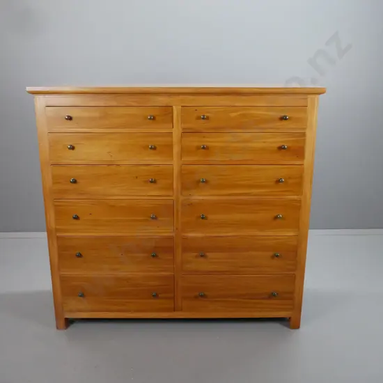 recycled rimu large chest of 12 drawers with panelled sides, brass knobs - some wear and scratching to top, chipping to