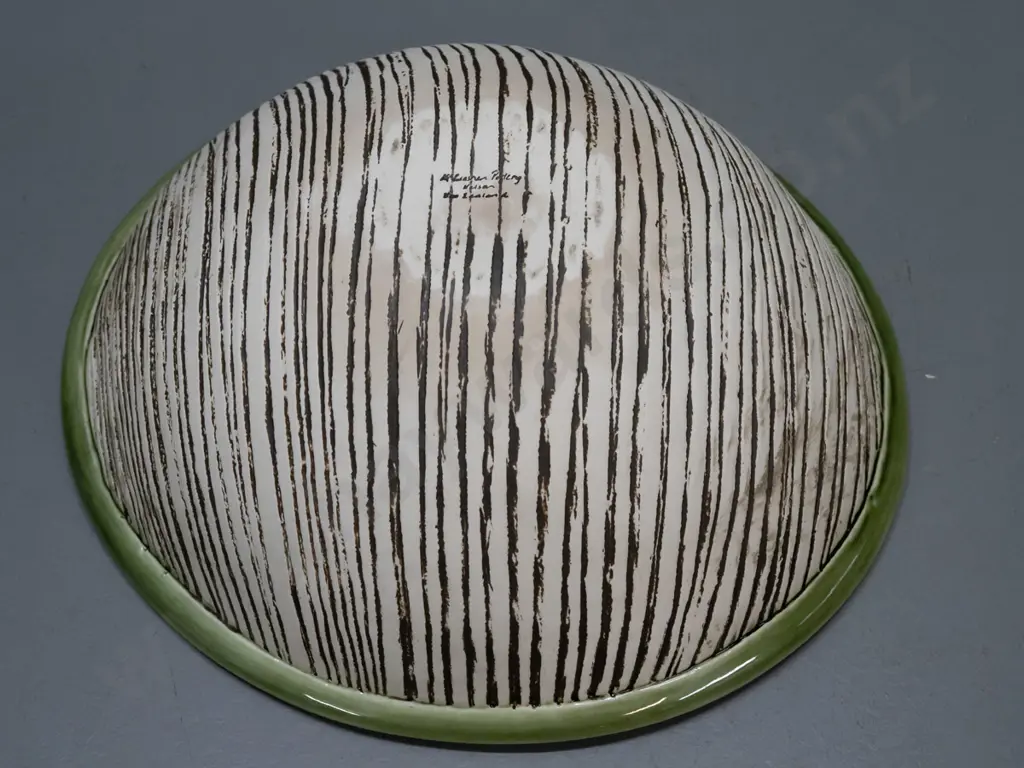large Royce McGlashen Nelson studio pottery bowl - shell texture pattern on outside, lustre green inside H-110 L-320 Image 1++