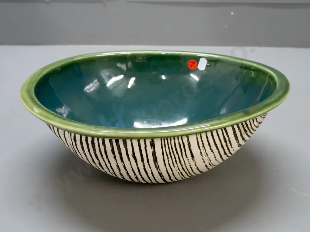 large Royce McGlashen Nelson studio pottery bowl - shell texture pattern on outside, lustre green inside H-110 L-320 Image 1++
