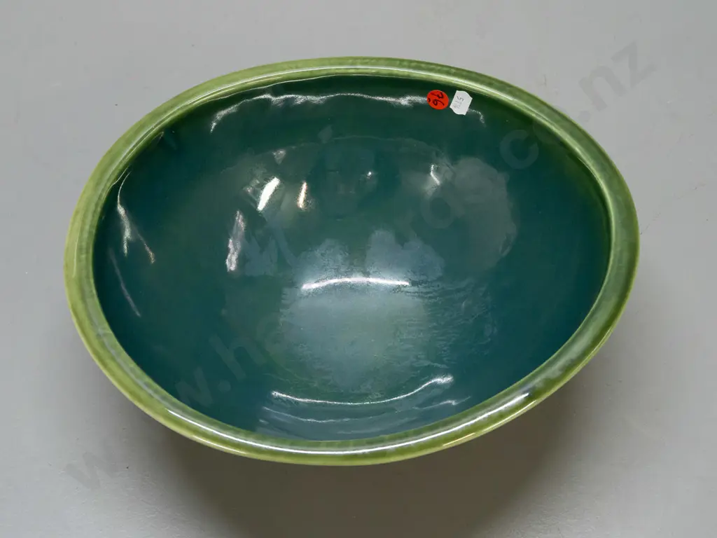 large Royce McGlashen Nelson studio pottery bowl - shell texture pattern on outside, lustre green inside H-110 L-320 Image 1++