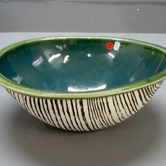 large Royce McGlashen Nelson studio pottery bowl - shell texture pattern on outside, lustre green inside H-110 L-320