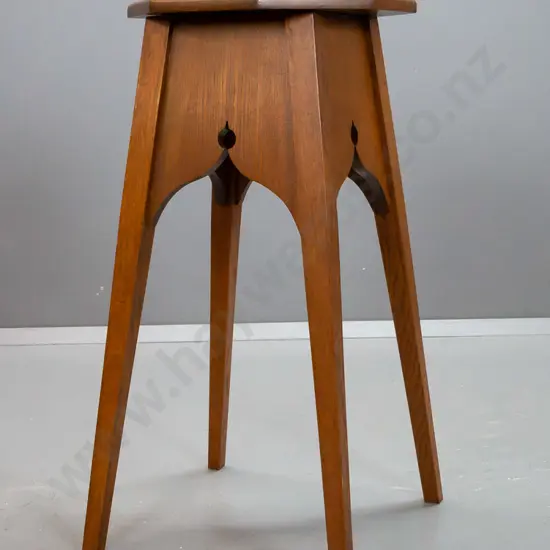 oak arts & crafts style plant stand with octagonal top, shaped cutout sides, splayed square tapered legs - minor
