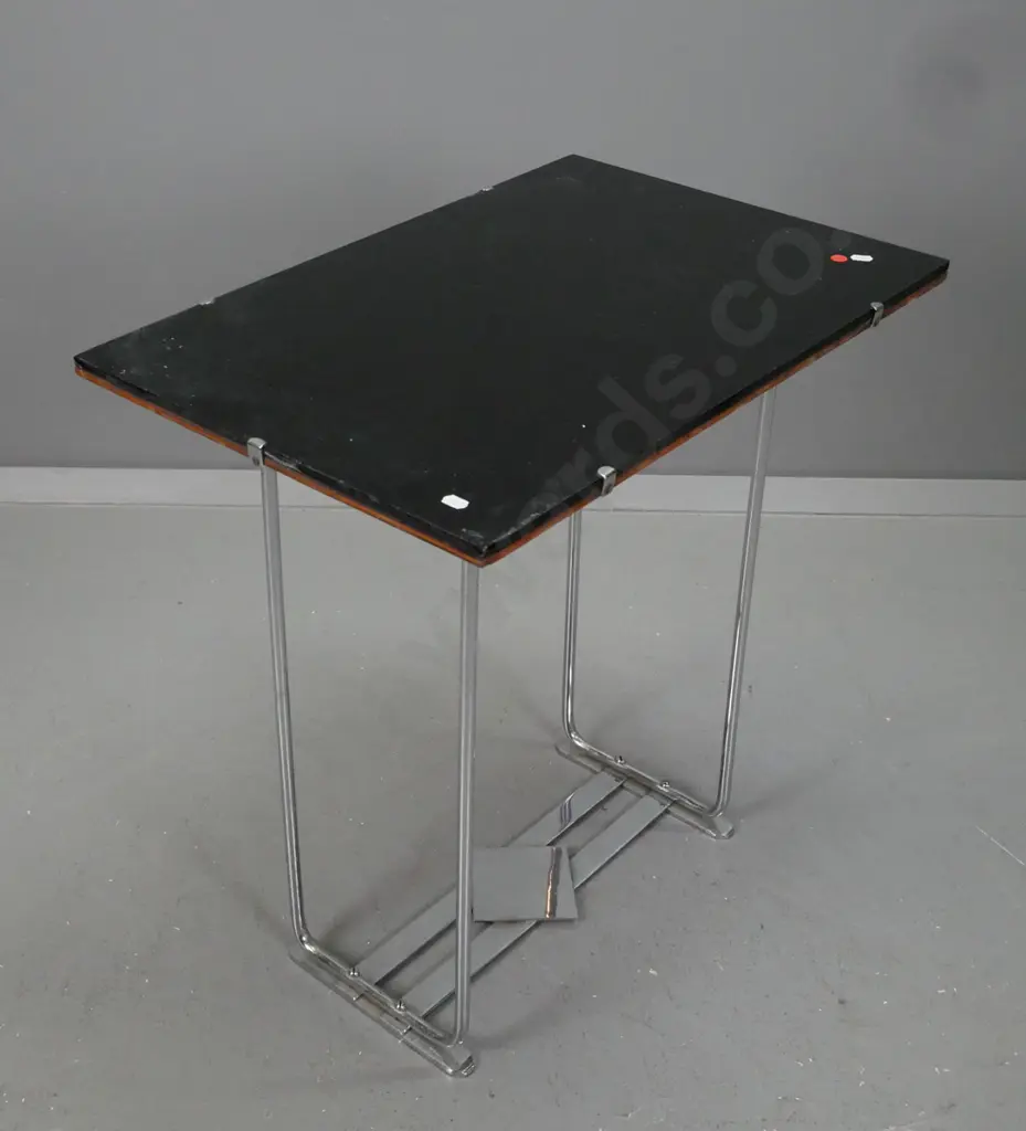 deco style chrome-based side table with black glass over plywood top has scratching and chipping around edge - a bit Image 1++