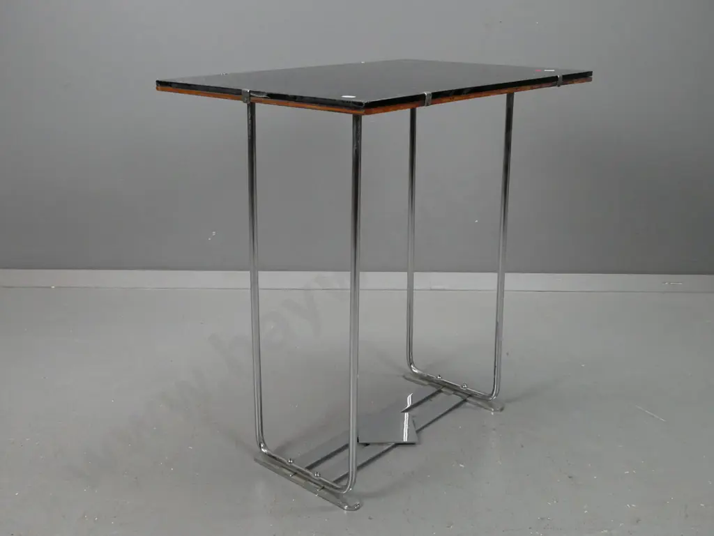 deco style chrome-based side table with black glass over plywood top has scratching and chipping around edge - a bit Image 1++