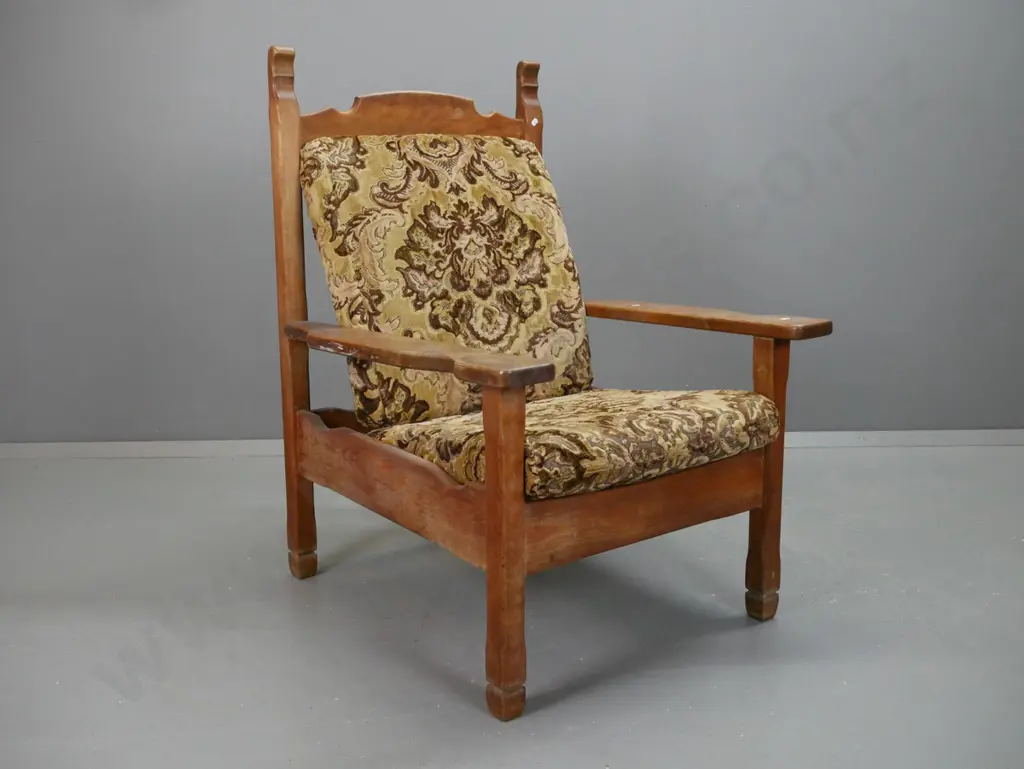 arts & crafts vintage oak and elm armchair with ribbed slat back, paddle arms, loose squab seat and back, replacement Image 1++