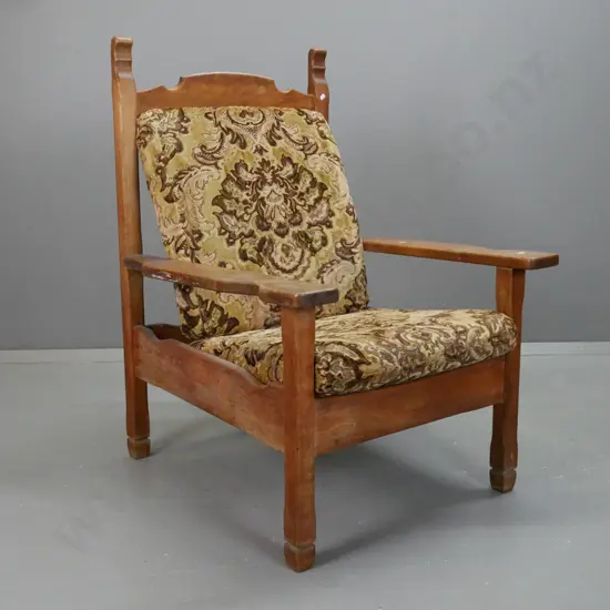 arts & crafts vintage oak and elm armchair with ribbed slat back, paddle arms, loose squab seat and back, replacement
