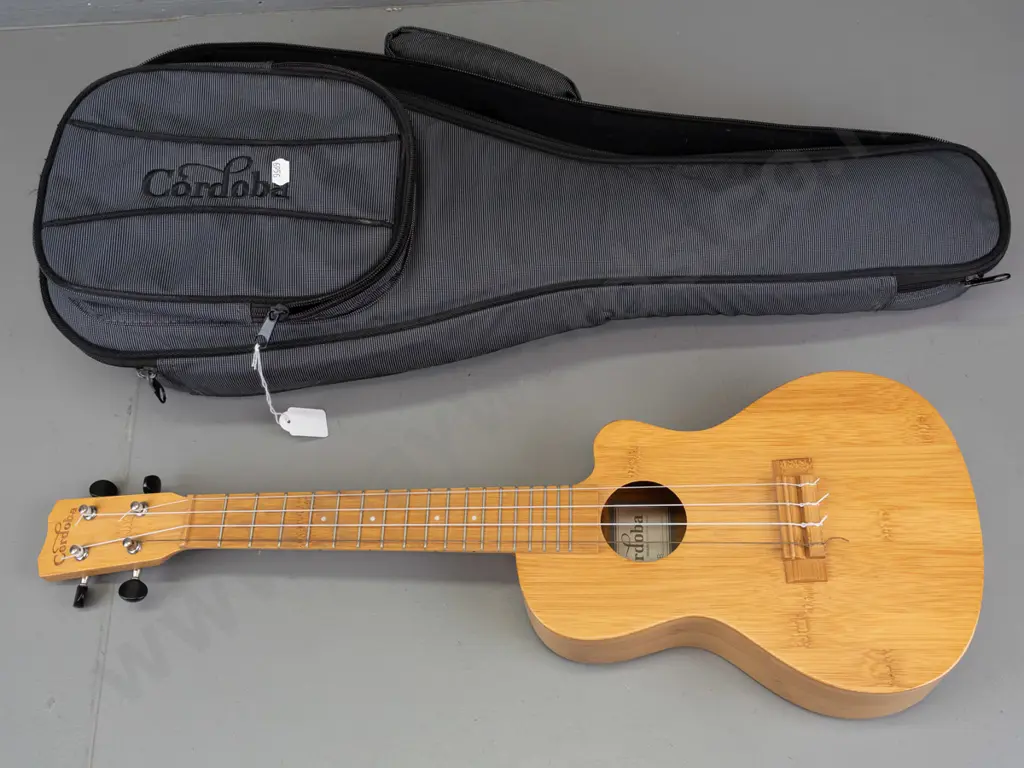 Cordoba 25CB all-bamboo concert size ukulele with fitted soft case and some spare strings. L-610 W-210. Image 1++