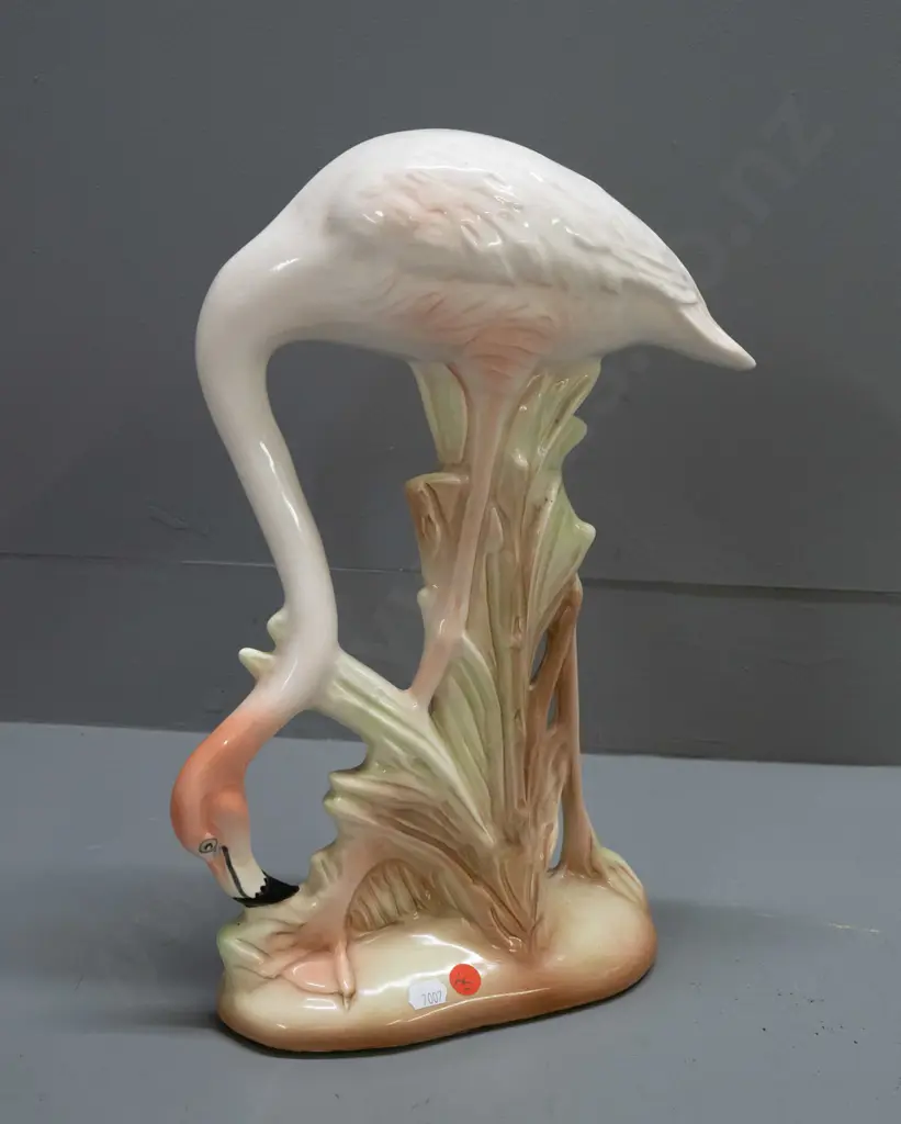 pink flamingo figure with head in reeds - all over crazing to glaze H-390 W-210 Image 1++