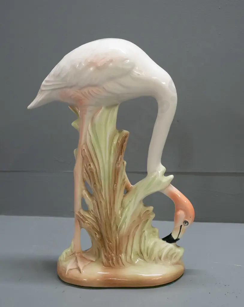 pink flamingo figure with head in reeds - all over crazing to glaze H-390 W-210 Image 1++